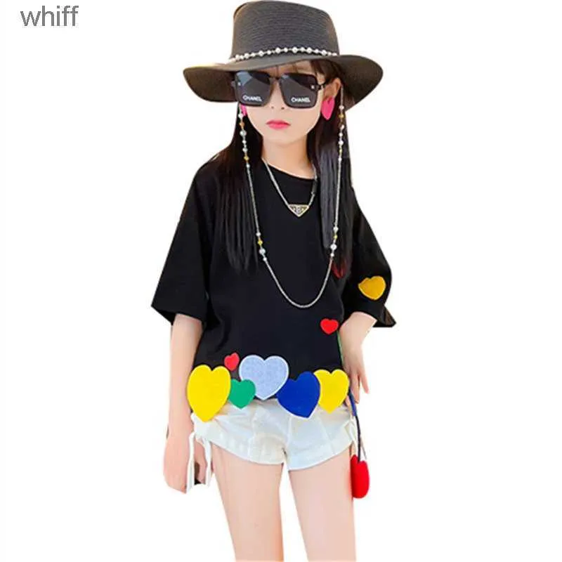 T-shirts T-shirts Fashion Girls New Design Tshirts with Colorful Heart Loose Top Clothes for Kids Girls Korean Short Sleeve Tees 4-14Year T230209 C240413