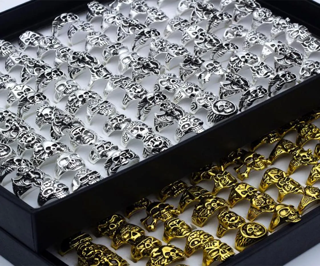 Lot Skull Rings Carved Biker Men SilverGold Plated Alloy Ring Fashion jewelry 50 PcsLot8942932