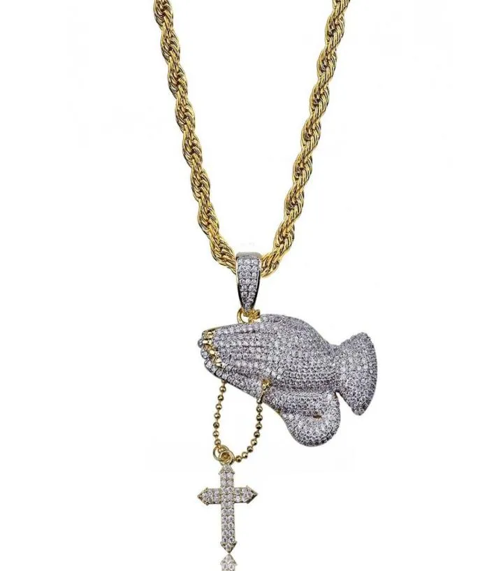 Main de prière avec collier pendentif croisé glacé à collier de zircon complet chaîne en or hip hop pour hommes bijoux1593204