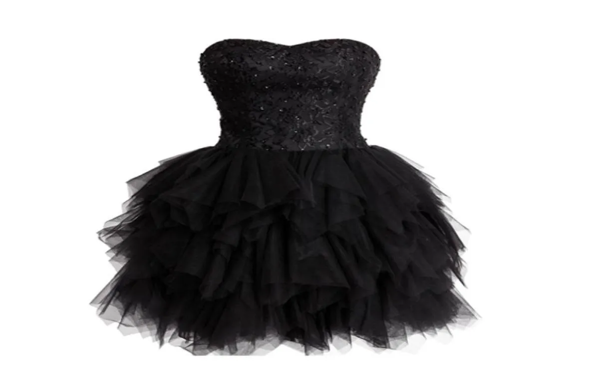 Gorgeous Sweet 16 Dress Black Homecoming Dresses Beaded Sequins Lace Top Ruffled Puffy Skirt Laceup Corset Back Strapless Sweethe8036523