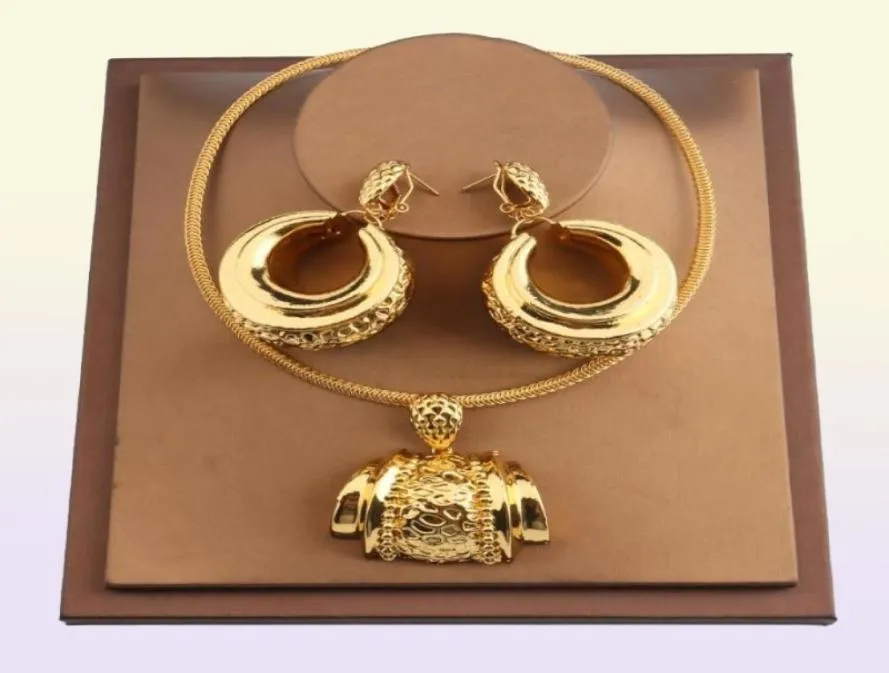 Örhängen halsband afrikanska smycken set för kvinnor mode dubai bröllop hänge brud design guld pläterad nigeriansk tillbehör74821807536570