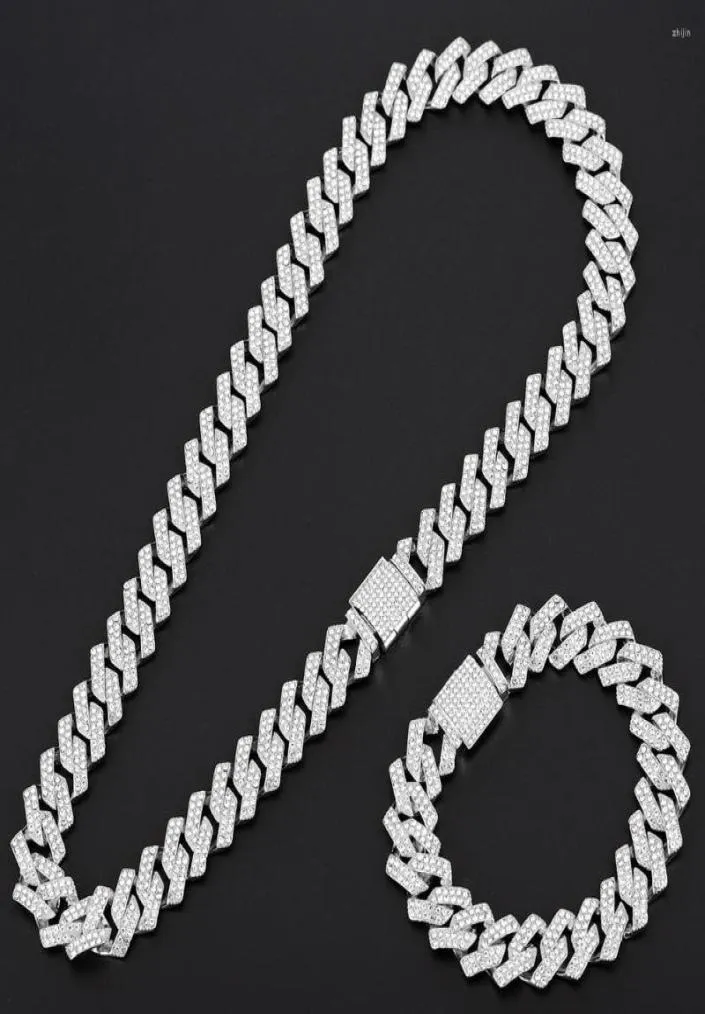 Ketten 15mm Miami Prong Cuban Kettenkettenglied Silberfarbe Halsketten 2 Reihen Vollfahrt -Strass -Armband Set für Herren Hip Hop6308656