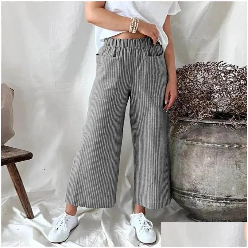 Pantaloni da donna Capris tasca estiva Colore solido elastico gamba larga femmina di cotone lino di cotone sciolto uffici lady lady pieghevole stile casual otd7w