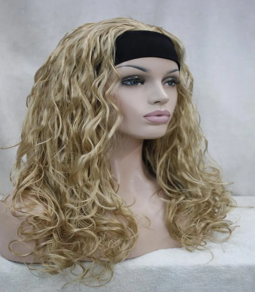 HIVISION Nuovo affascinante moda sano bionda dorata Bionda Wavy Curly 34 Wig con fascia da donna Sintetica da donna039s mezza wig8795972