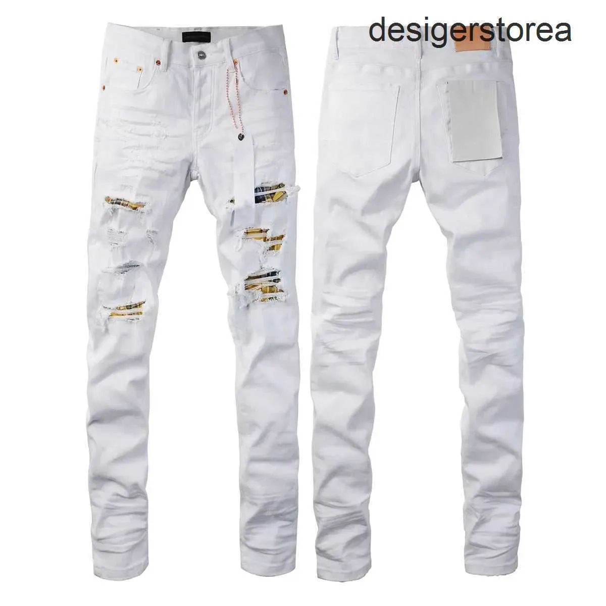 Novos chegados da marca roxa jeans Menas destruídas Hole Patch Patter Print Print Stretch Slim Fit Hiphop Jeans Streetwear