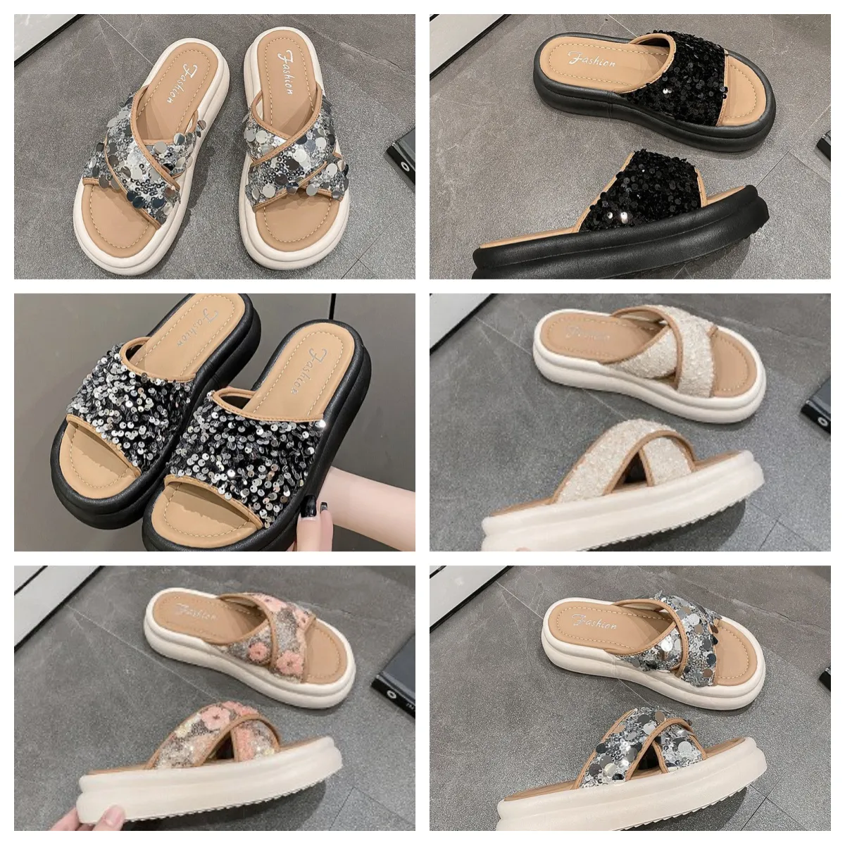 Topp lyxiga tjocka Soled Cross Strap Cool Slippers Women Black Exducite Sequin Sponge Cake Sole One Line Trendiga tofflor