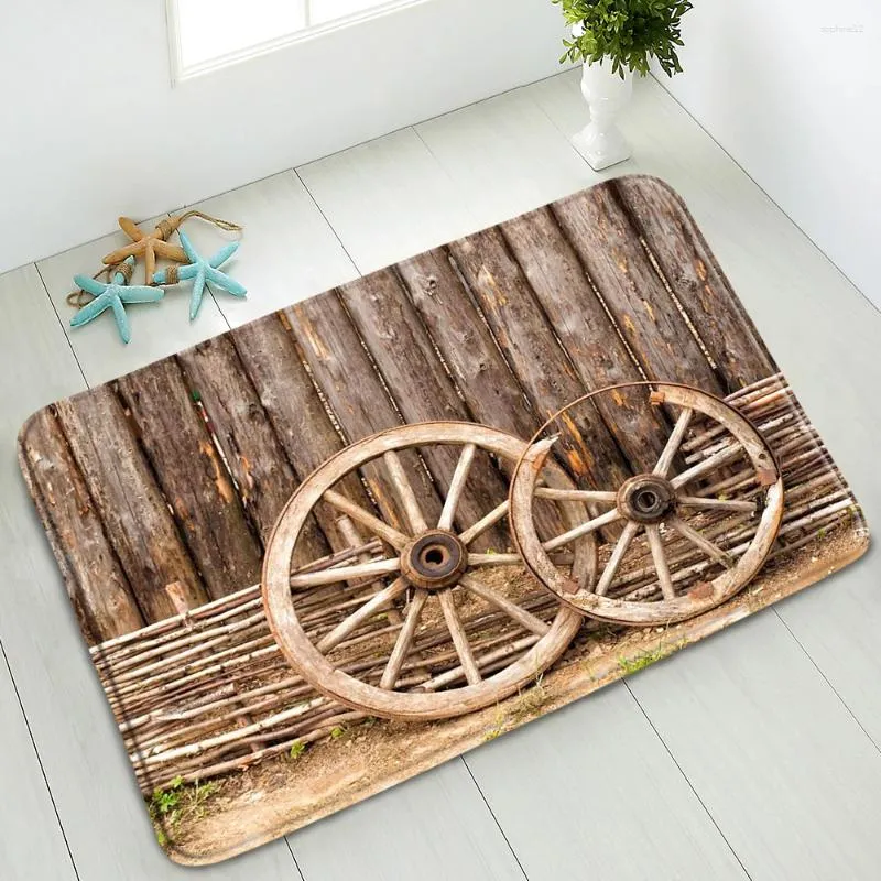 Bath Mats Retro Wood Plank Non-Slip Bathroom Mat Old Wooden Wheel Bedroom Kitchen Doormat Indoor Floor Absorbent Home Carpet Washable