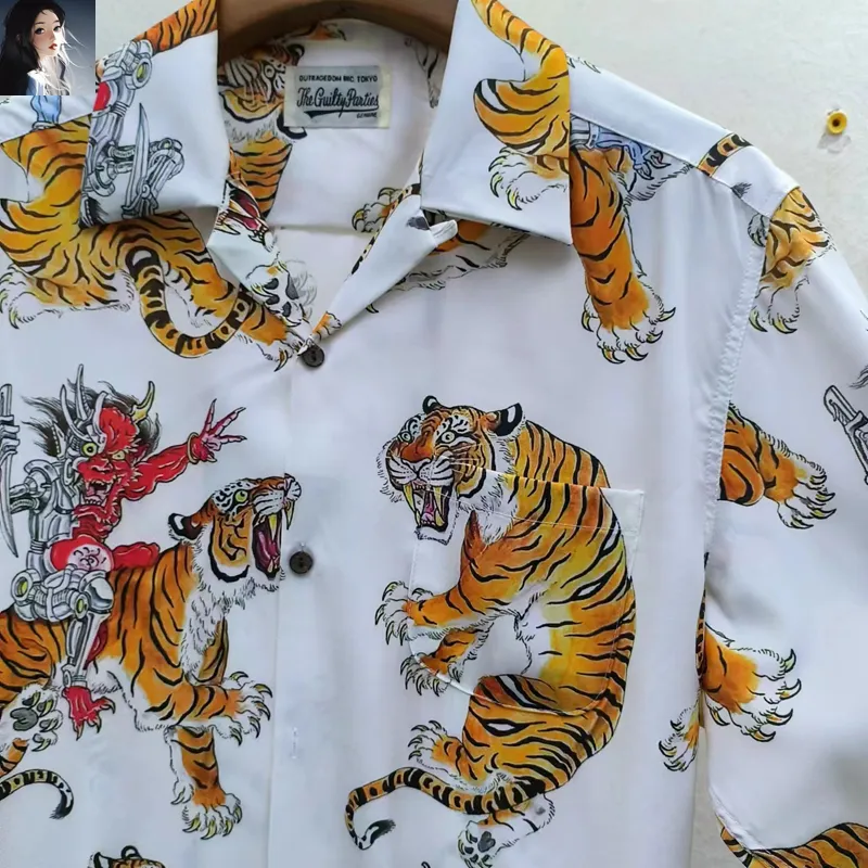Tiger Print Casual Shirt Men Long Sleeve Polyester Rayon