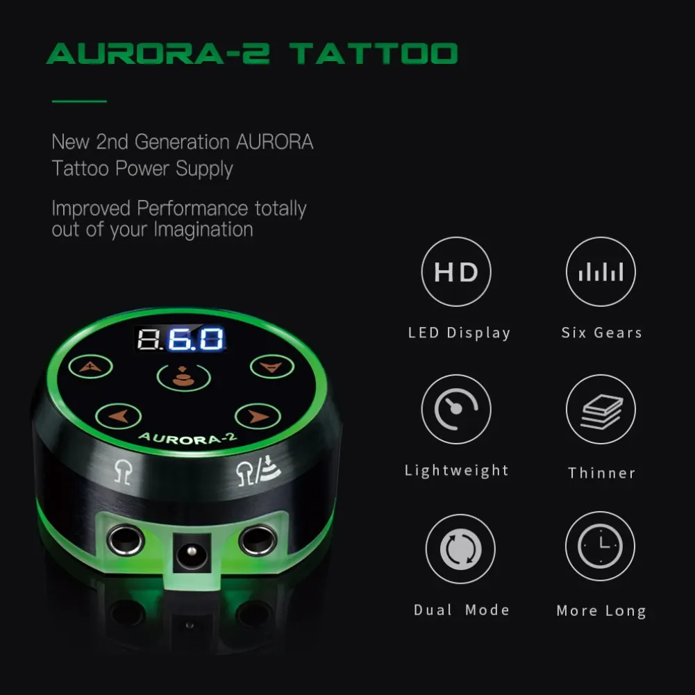 Leveranser aurora2 tatuering av strömförsörjning digital LED aluminiumlegering strömförsörjning för spole och roterande tatuering hines svart sier eu us plug