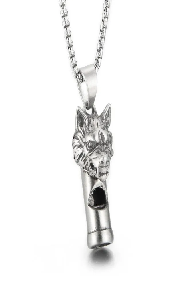 Gothic Wolf Head Whistle Necklace Pendant Casting Stainless Steel Rolo Chain Jewelry For Mens Boys Cool Gifts 3mm 24 Inch9335191