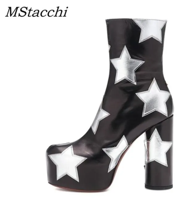 Mstacchi Platform Ankle Boots For Women Luxury Print Stjärna Verkligen läder Hög klackar Skor Kvinnor Runda klackar Botines Mujer 2011054094644