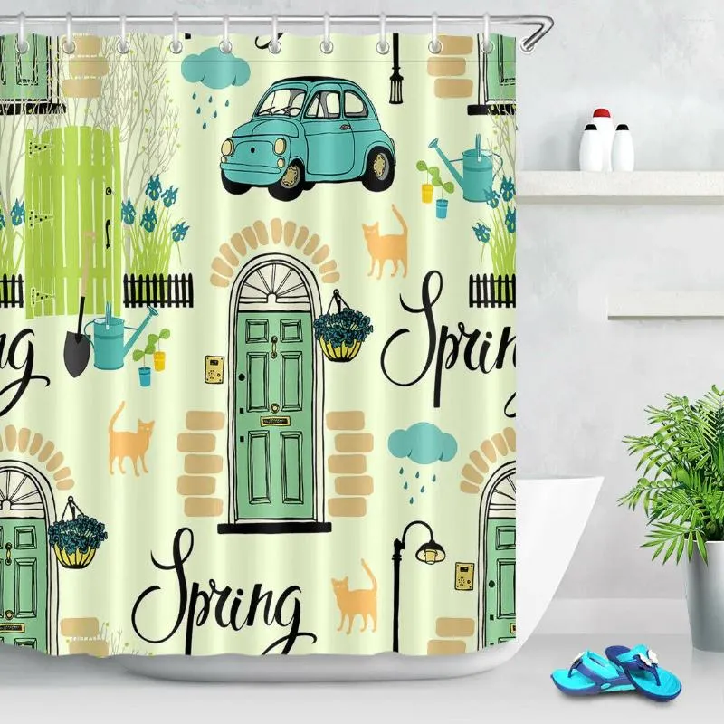 Rideaux de douche Spring House Garden Car imperméable tissu rideau ensemble Crochets de salle de bain