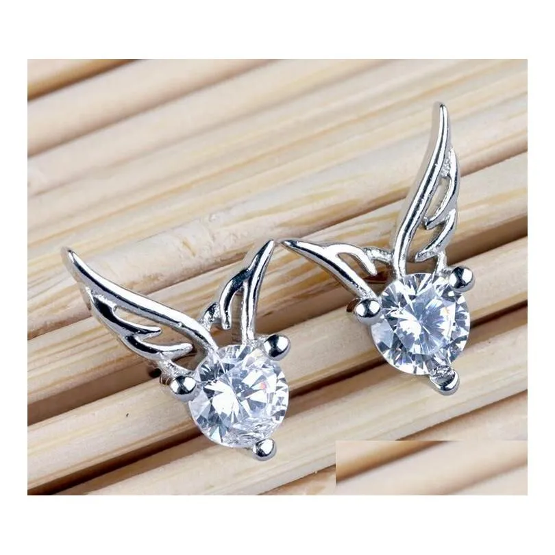 Stud New Womes Sier Color Jewelry Angel Wings Crystal Ear Earrings Shiny Cz Zircon Brincos Femme G533 Drop Delivery Dhvr7