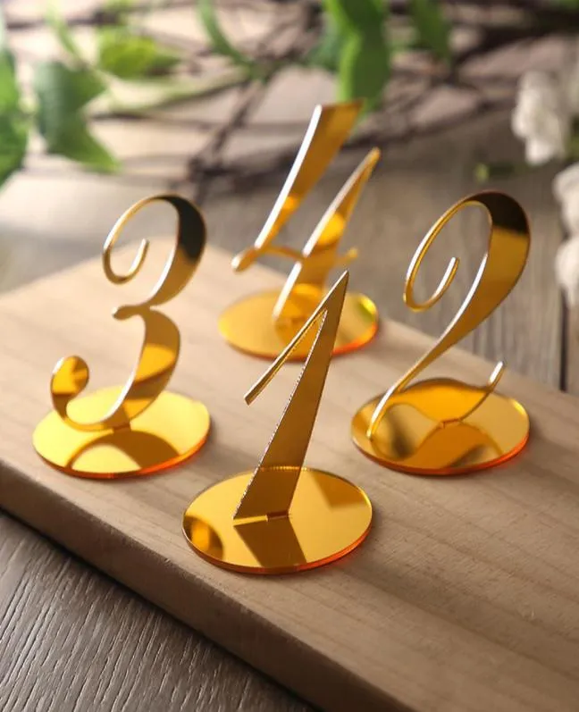 10pcs tavolo da matrimonio numeri decorazione per centrotavola di nozze specchio dorato segni acrilici Numero di ricezione decorazione in piedi 20095390374