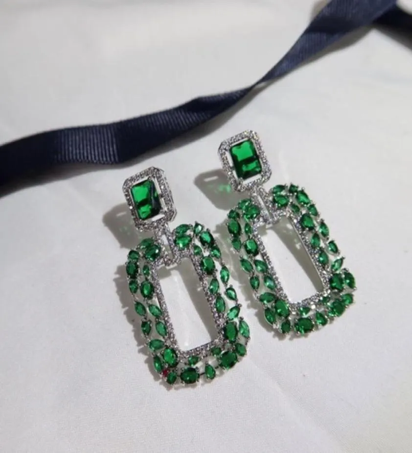 Superior S925 Silver Needle Earrings Green Rectangle High End Fashion Personality Lady039s Ear Studs Dance Party 4354513