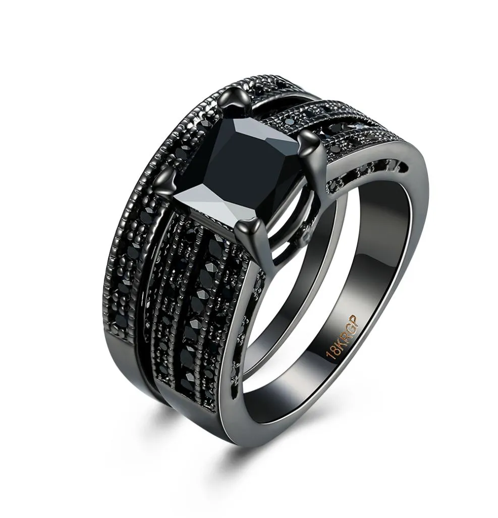 Mode 18 km noir plaqué noir carré diamant princesse coupée de mariage bandes de mariée bandes de bague pour femmes féminines 6616256