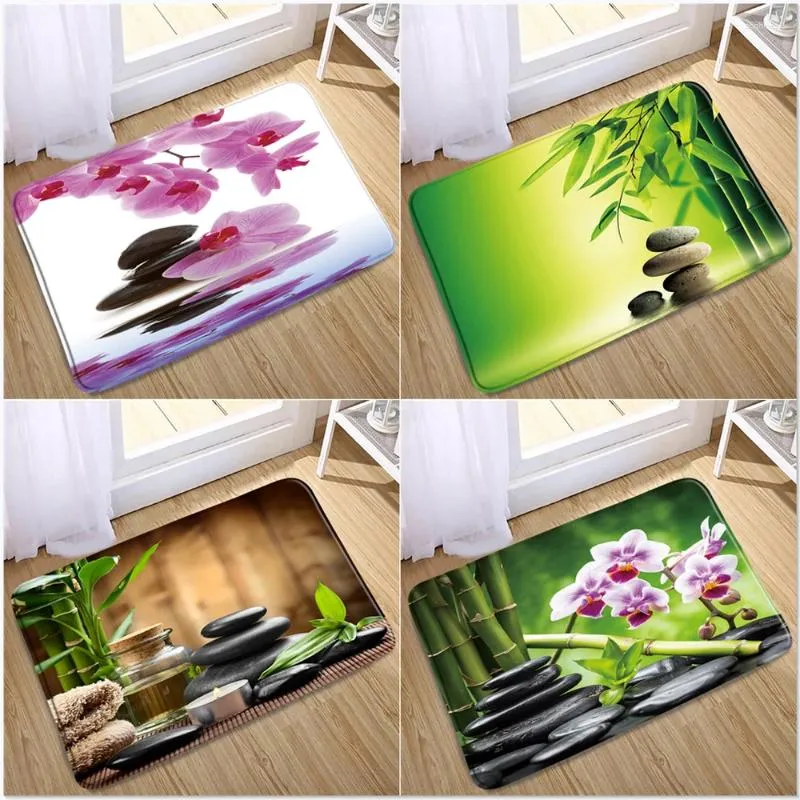 Badmatten Non-slip Zen Zwart Stone Pink Flowers Groen Bamboo Loopat vloer Keuken Strand Flanel Gedrukt voor slaapkamerdecoratie