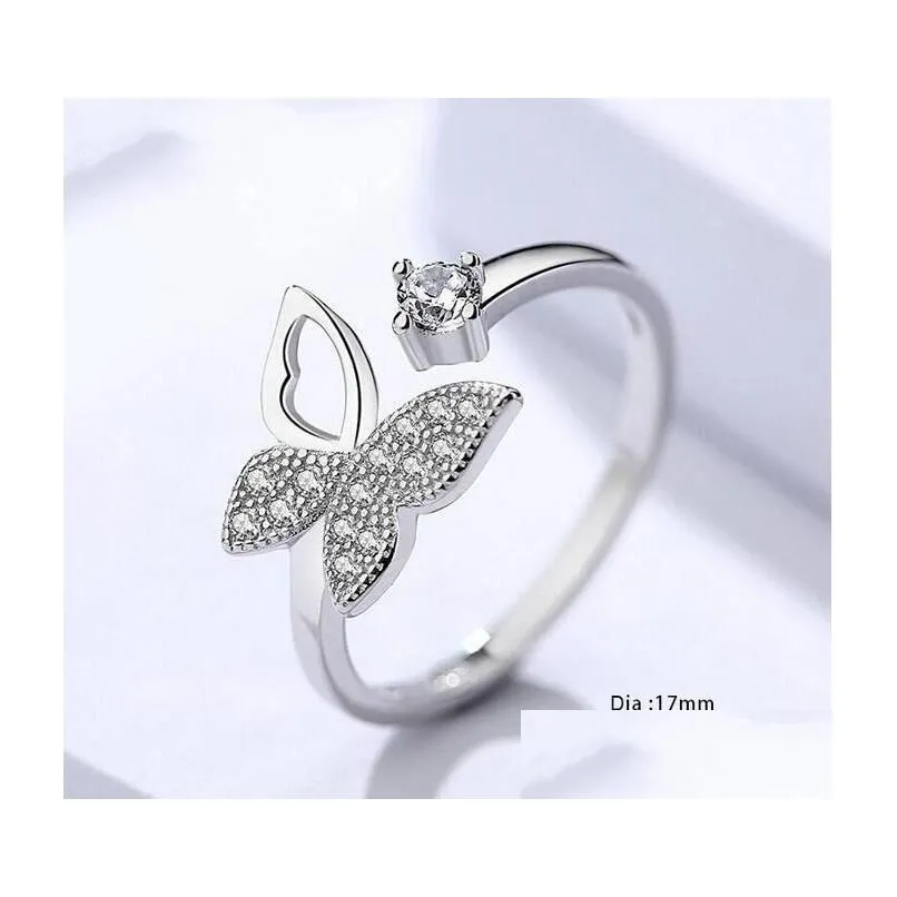 Avec des pierres latérales Nouvelles anneaux de papillon en cristal de zircon cubique pour femmes bijoux de mariage plaqué en platine ouverte