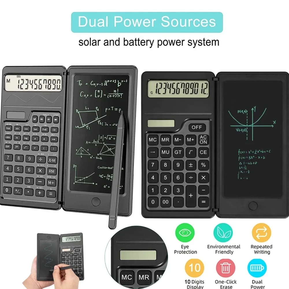 Kalkylatorer kalkylatorer med 6 tum raderbar LCD -skrivning tablett vikbar matematisk fysik geometri kalkylator solbatteri dubbla driven