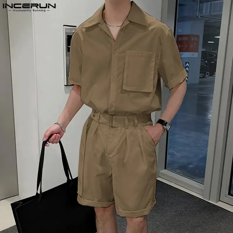 Incerun män sätter streetwear sommar solid lapel kort ärmskjorta shorts med bälte 2st koreanska mode mens kostymer s-5xl 240402