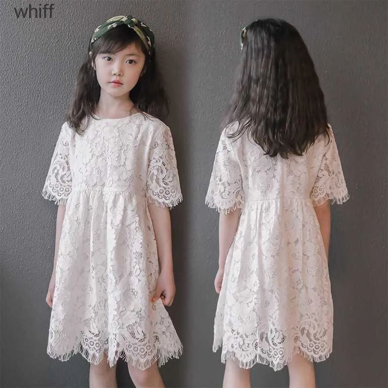Flickans klänningar Girl White Lace Hallowen Out Dress for Kids Short Sleeve Cotton Summer Flower Girls Wedding Costume 210529 C240413