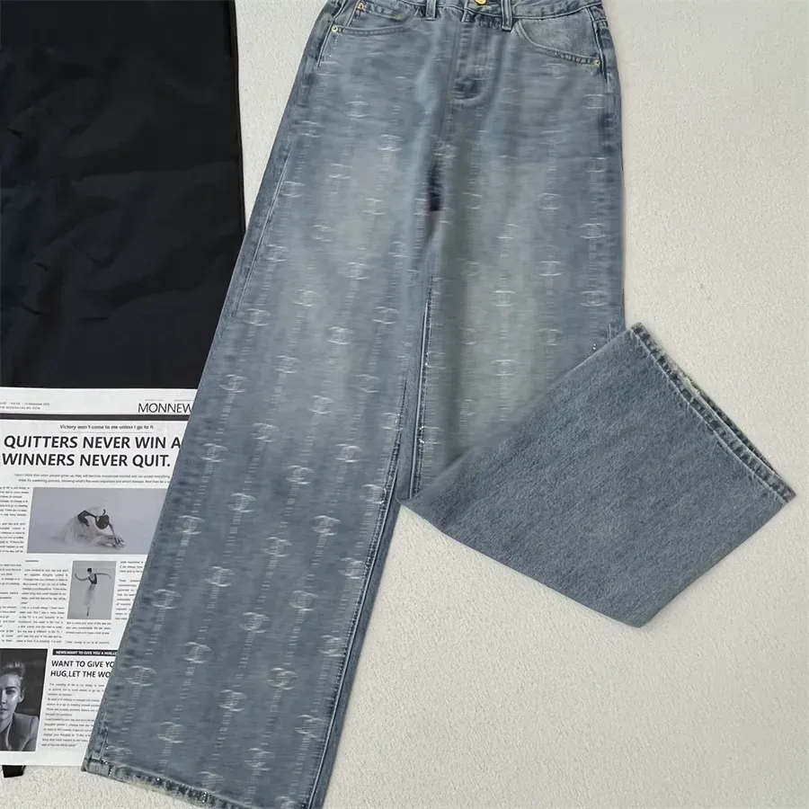 2024 calça de jeans feminina calça clássica e minimalista Europeia e americana Carta completa Hot Diamond High Waist