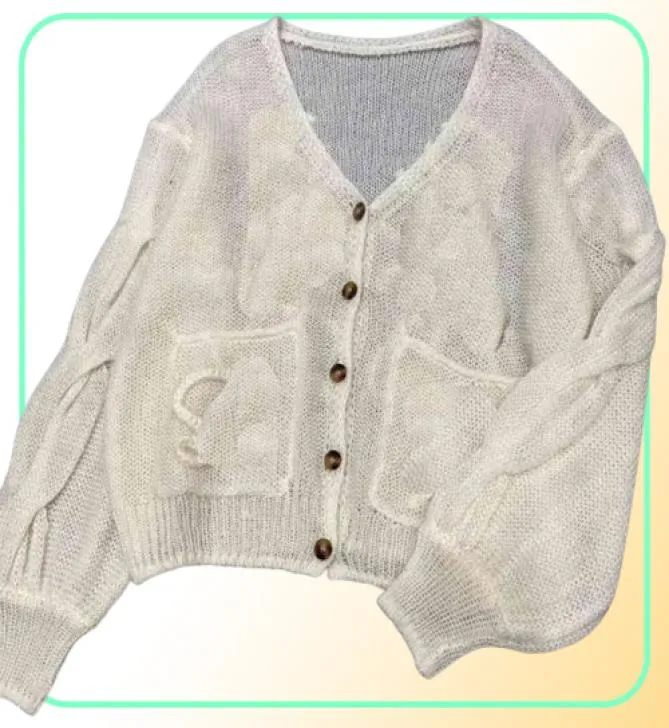 Women039s Sweaters designer Mohair hand crochet Vneck lazy style hollow loose cardigan women039s top 2022 autumn new produc9320890