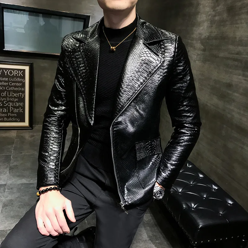 New Crocodile Pattern PU Leather Jacket for Men with Zipper