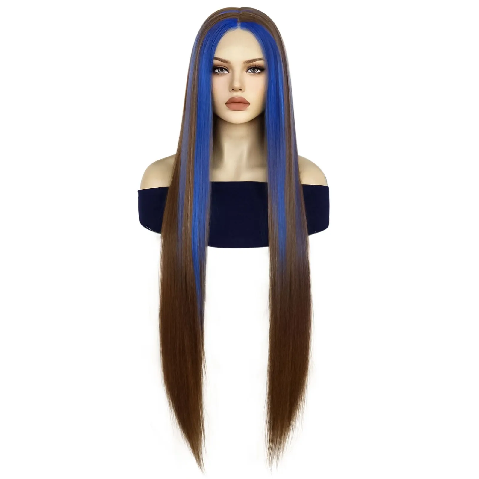Long Straight Smoky Blue Heat Resistant Wig Long Straight Black Mixed Blue Synthetic Wigs with Bangs for  main image 2