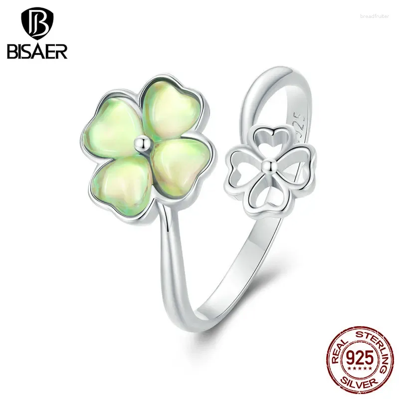 Anillos de racimo BISAER 925 STERLING VERDO VERDE CLOVER ABIERTO ABIERTO Tamaño de anillo abierto 5-9 Banda de hojas de suerte chapada de oro blanco para mujeres joyas finas