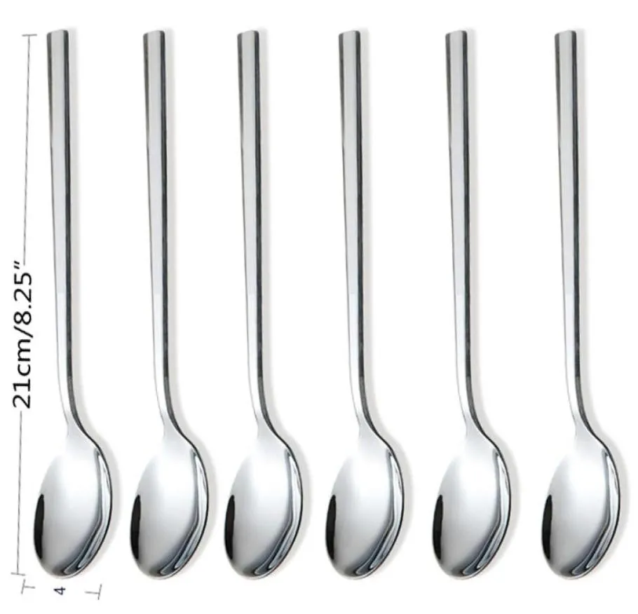 Eco-Friendly 6pcs Stainless Steel Dinner Spoons Long Handled spoon Coffee Milk Spoons Korean Round Soup Dessert Spoons5290108