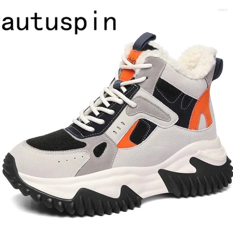 Sapatos casuais AUTUSPIN Moda Vulcanizar 2024 Inverno ao ar livre mantém tênis de esporte quente feminino de couro genuíno de lazer