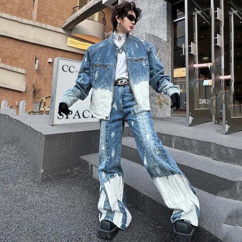 Denim Suit for Men - Contrasting Casual Multi-zipper Stand Denim Suit for Men - Contrasting Casual Multi-zipper Stand