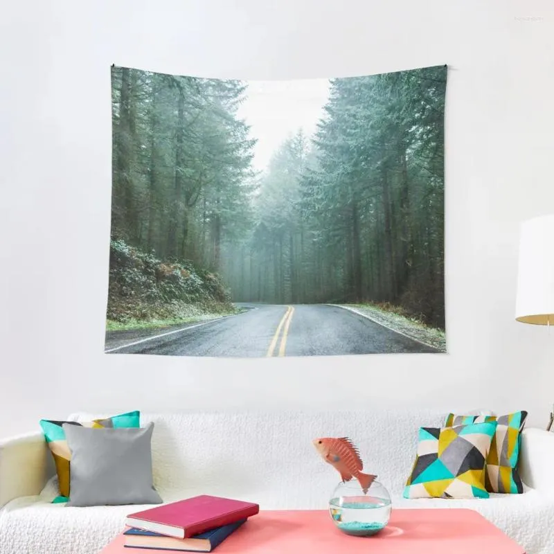 Tapisches Forest Road Trip - Day Foggy Fir Trees Pacific Northwest Adventure Tapestry Hanging Decoration