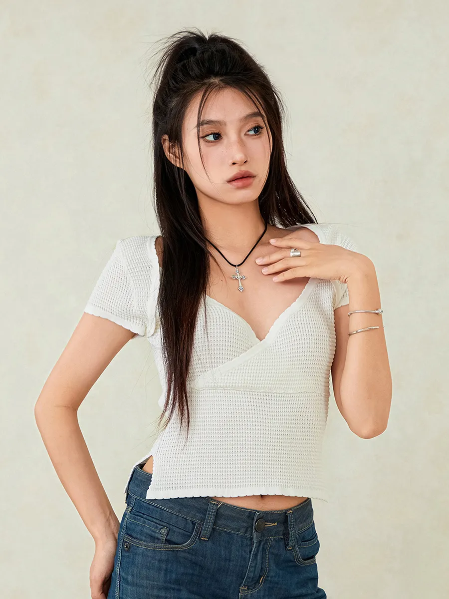 Women s Summer Crop Tops Short Sleeve V Neck Side Split Short T-shirt ...