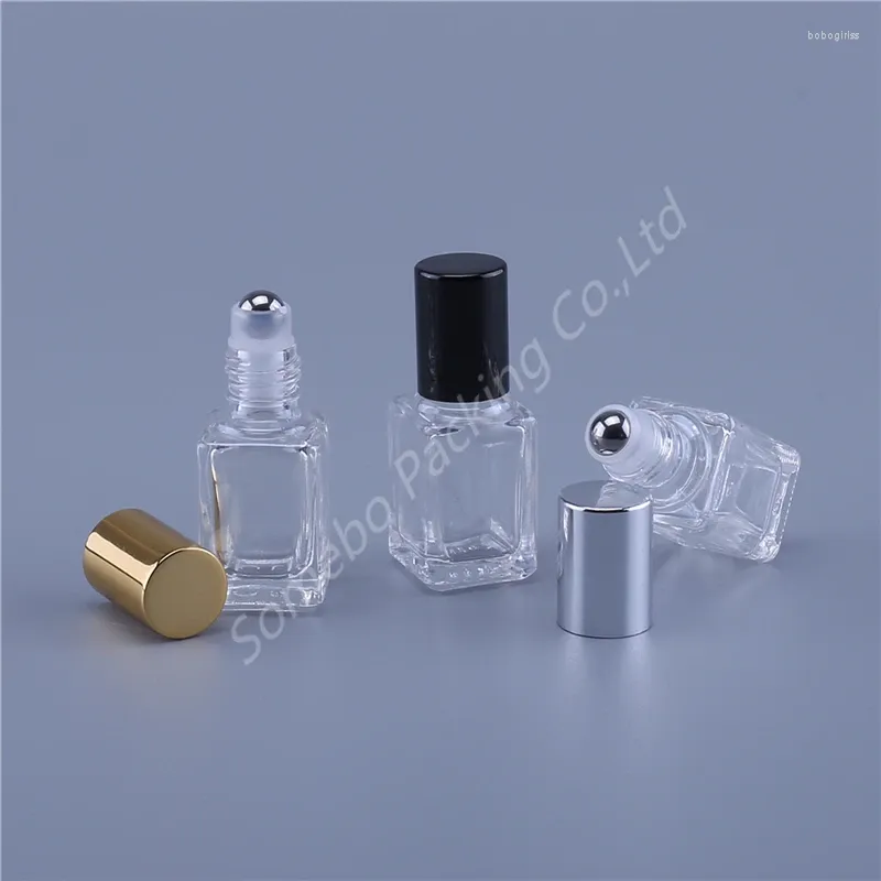 Bouteilles de rangement 360pcs 5 ml 10 ml Rouleau d'huile de verre en verre transparent sur les flacons à rouleau en métal Perfume carré bouteille