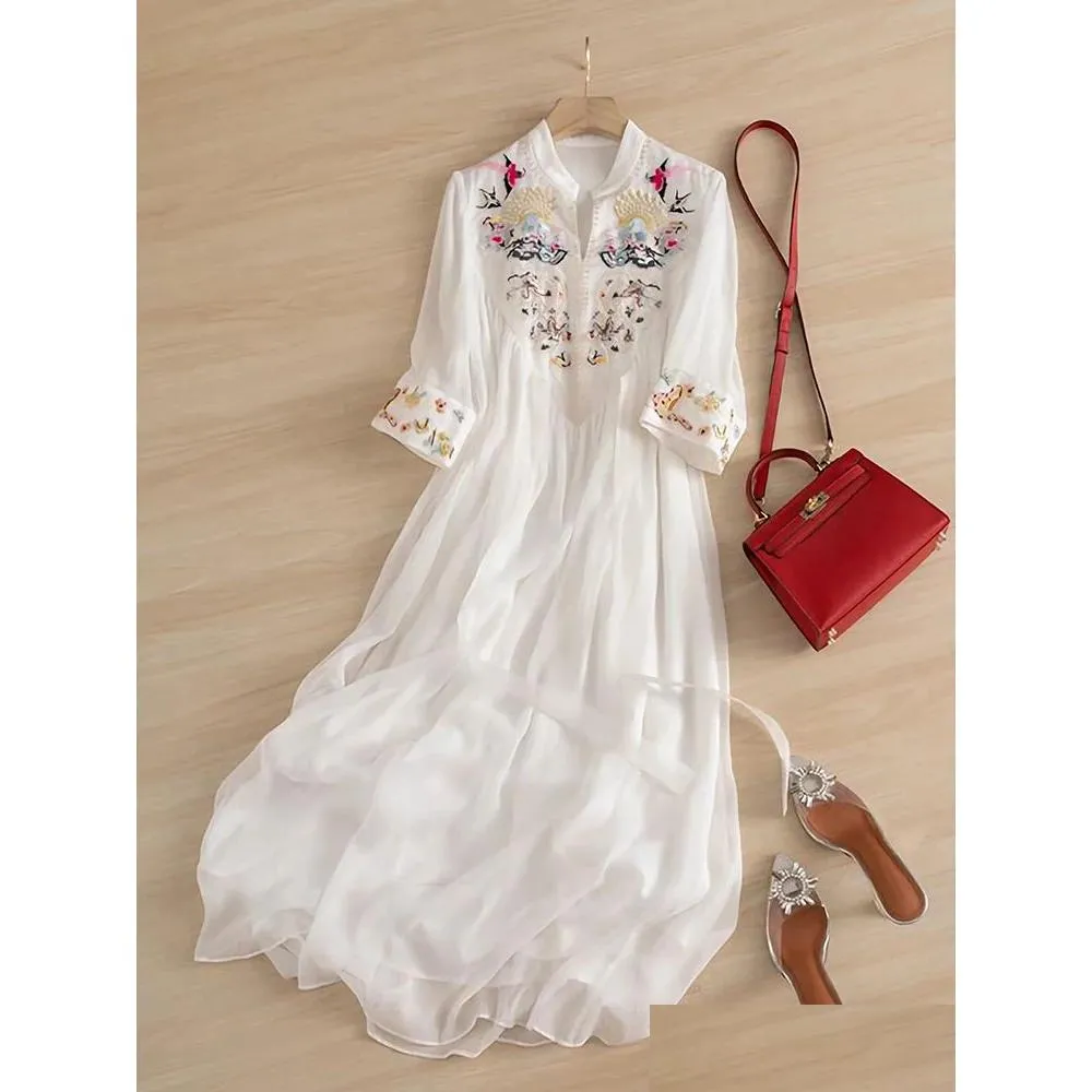 Ethnic Clothing Chinese Style Embroidery Chiffon Dress National Art Chic Women 2023 Summer White Loose Casual Ethereal Pleated Long Dr Otqci