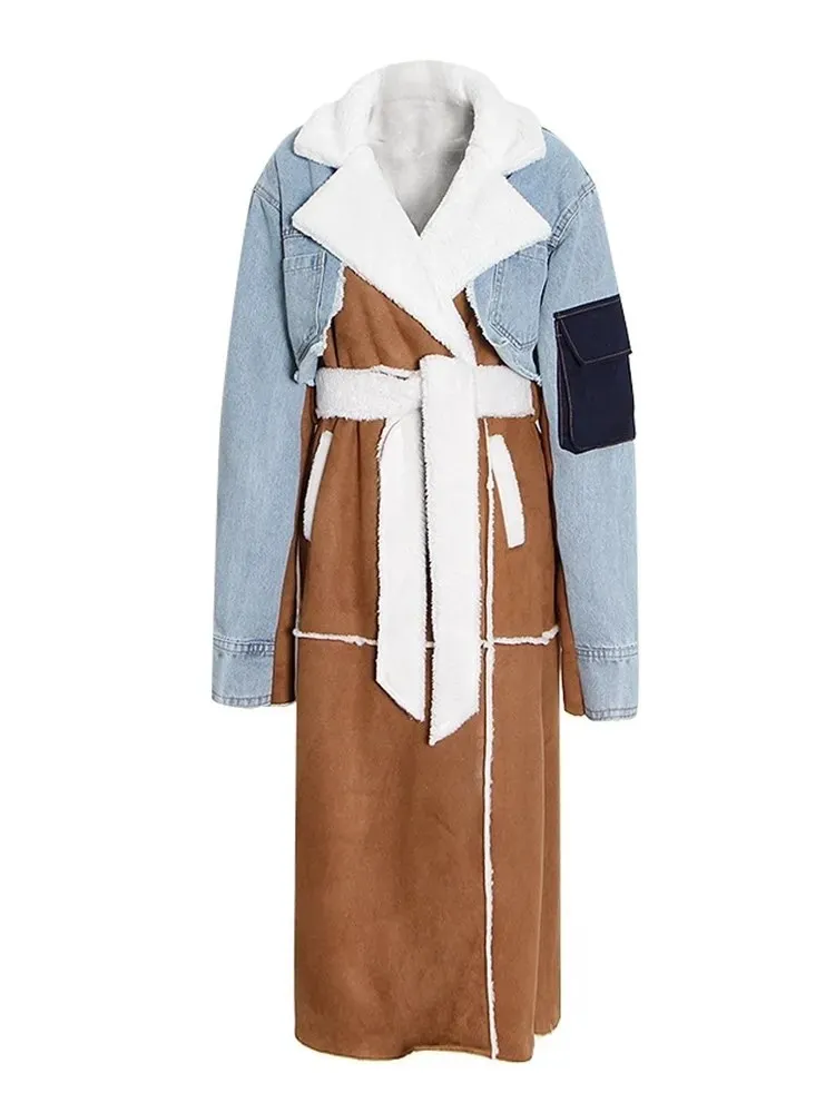 Casual Patchwork Denim Winter Coats for Women: Hit Color