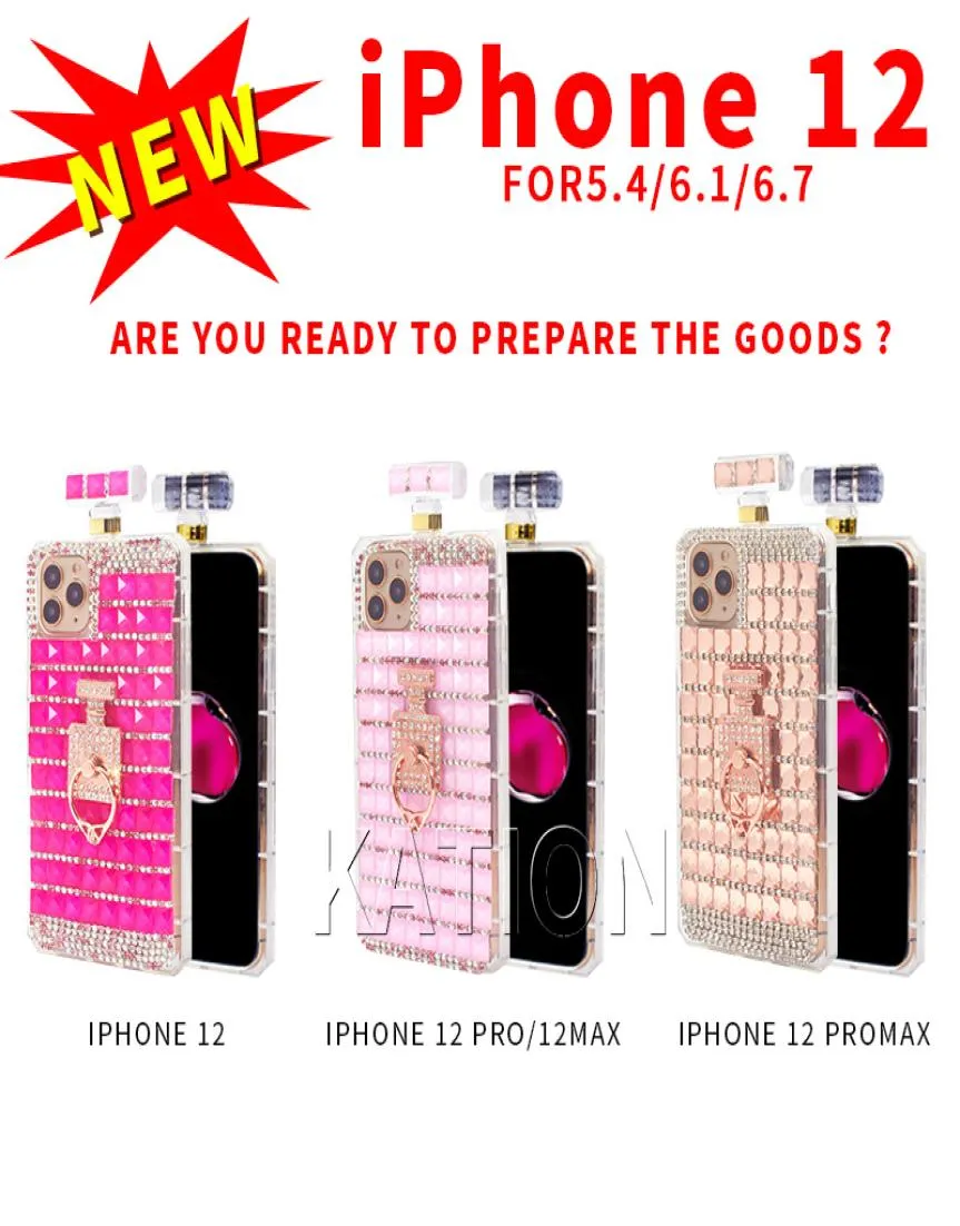 الحالات الهاتفية ذات الخاتم الماسي الفاخر لـ iPhone 12 Pro Max 11 XS XR 7Plus Perfume Bottle Stand Lanyard Rhinestone Mobile Cover8717873