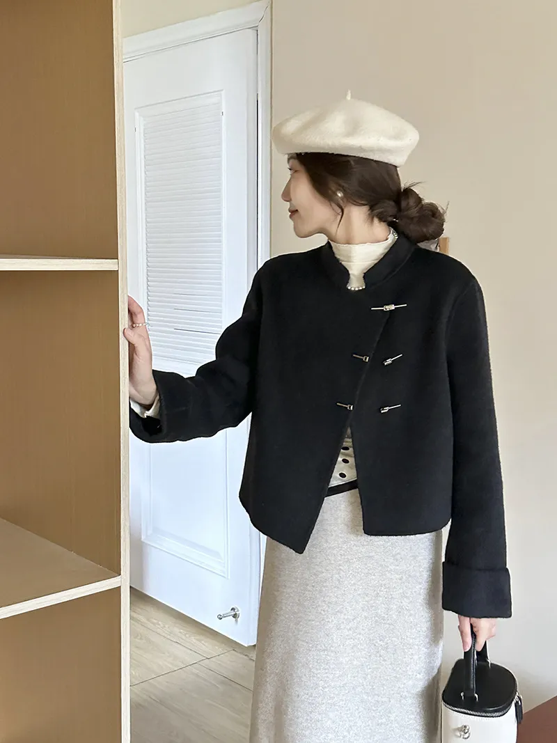 ジャケット・アウター CAEL handmade wool buckle short coat Buckle Jackets: Elegant Short Wool Coat With Stand Collar, Double