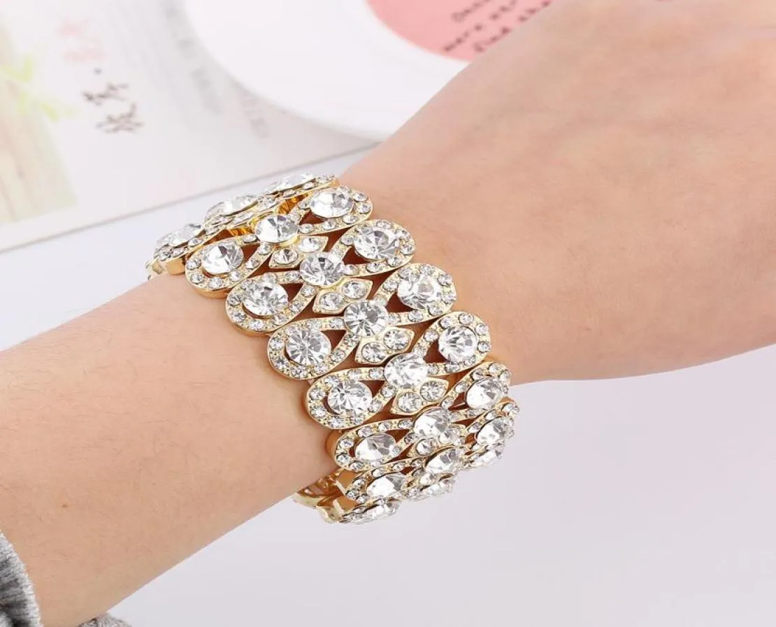 Wedding Jewelry Luxury Full Crystal Rhinestones Gold Color Bracelets for Women Bride Stretch Rope Wide Bracelets Bangles Gift9524018