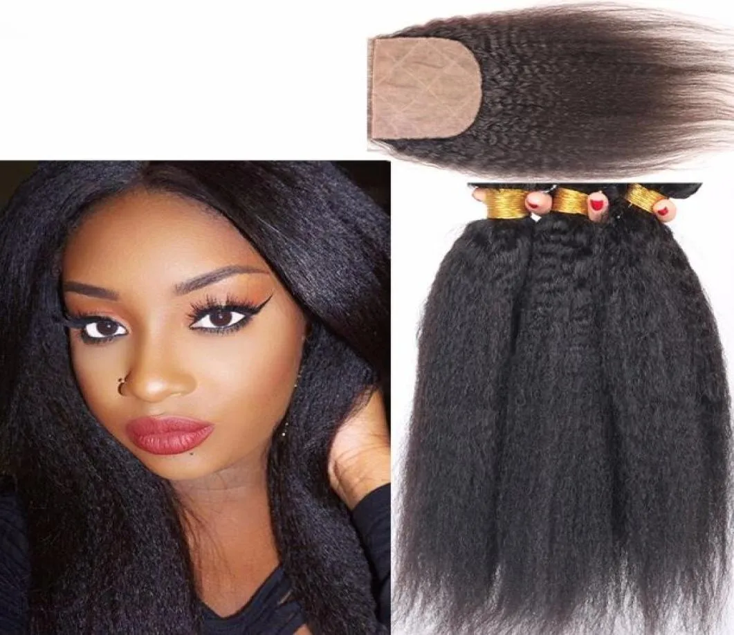 Virgin Brazilian Kinky Straight 3Bundles With 4x4 Silk Base Closure 4Pcs Lot Italian Coarse Yaki Silk Top Closure With Virgin Hair9869104