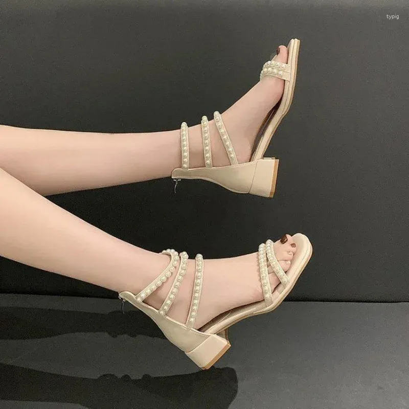 Dress Shoes Pearl Sandals For Women Summer 2024 Zip Block Heel Open Toe Beige Footwear With Medium Heels Ladies Outdoor Roman Style H