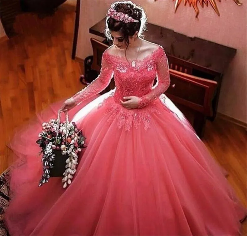 Coral Pink Long Sleeve Ball Gown Wedding Dresses Appliques Lace Off the Shoulder Tulle Manga Longa Bridal Gowns Vestidos De Novia5463318