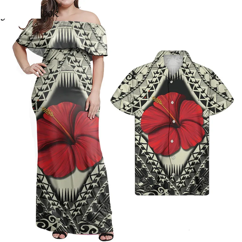 Hycool Red Hawaii Flower Polynesian Tribal Stylish Dresses Casual Floral Dress Off Shoulder Long Maxi Dress Shirt Couple Set 240410