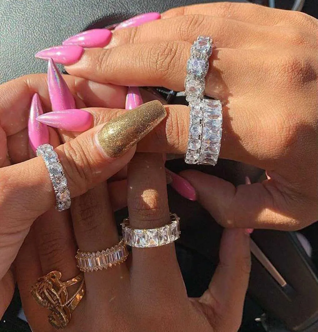 Geldi Baget Kübik Zirkonya Alyans Kadın Mücevher Mikro Pave CZ Eternity Band Yığın Gül Altın Pembe Parmak Yüzük 4397830