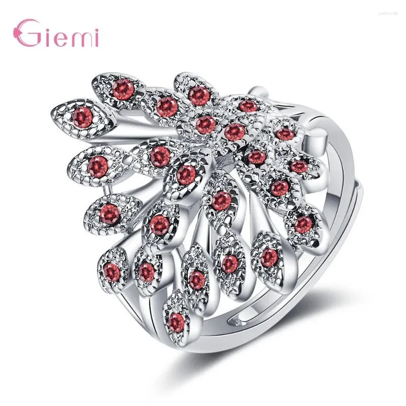 Anéis de cluster vendendo anel de dedo para mulheres Real 925 Sterling Silver pavão Fino Padrão de cauda fino Modo de joias ajustáveis
