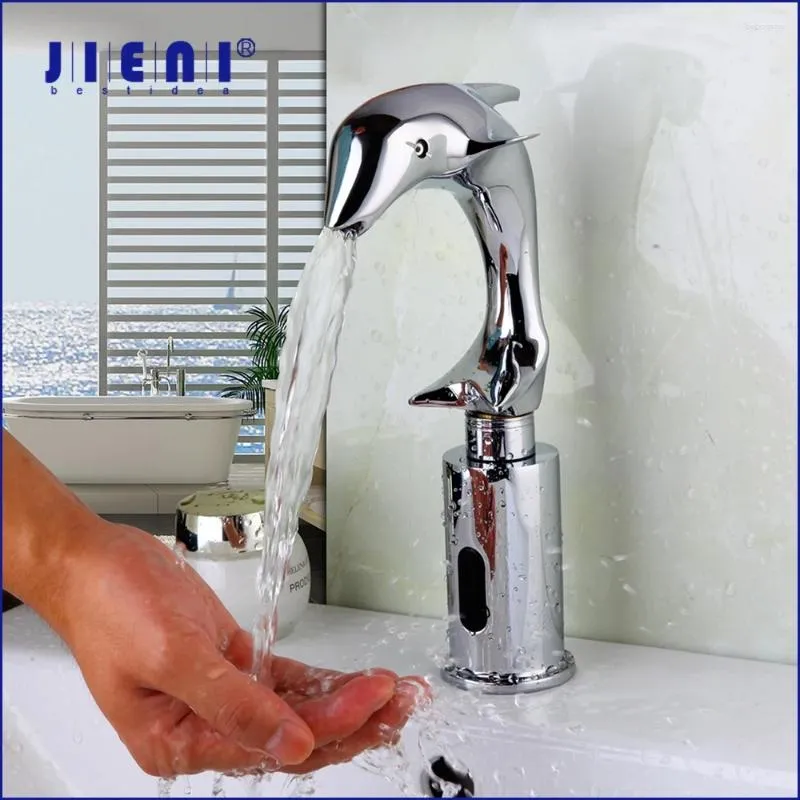 Bathroom Sink Faucets JIENI Dolphin Design Automatic Sensor Hands Free Basin Solid Brass Faucet Deck Mounted Chrome Polished Mixer Tap