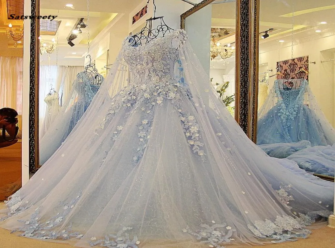 Dubai Sky Blue Wedding Dress with Long Cloak Crystal Pearls Puffy Bridal Ball Gown Robe De Mariee Appliques from Dhgate A-Line Wedding Dresses