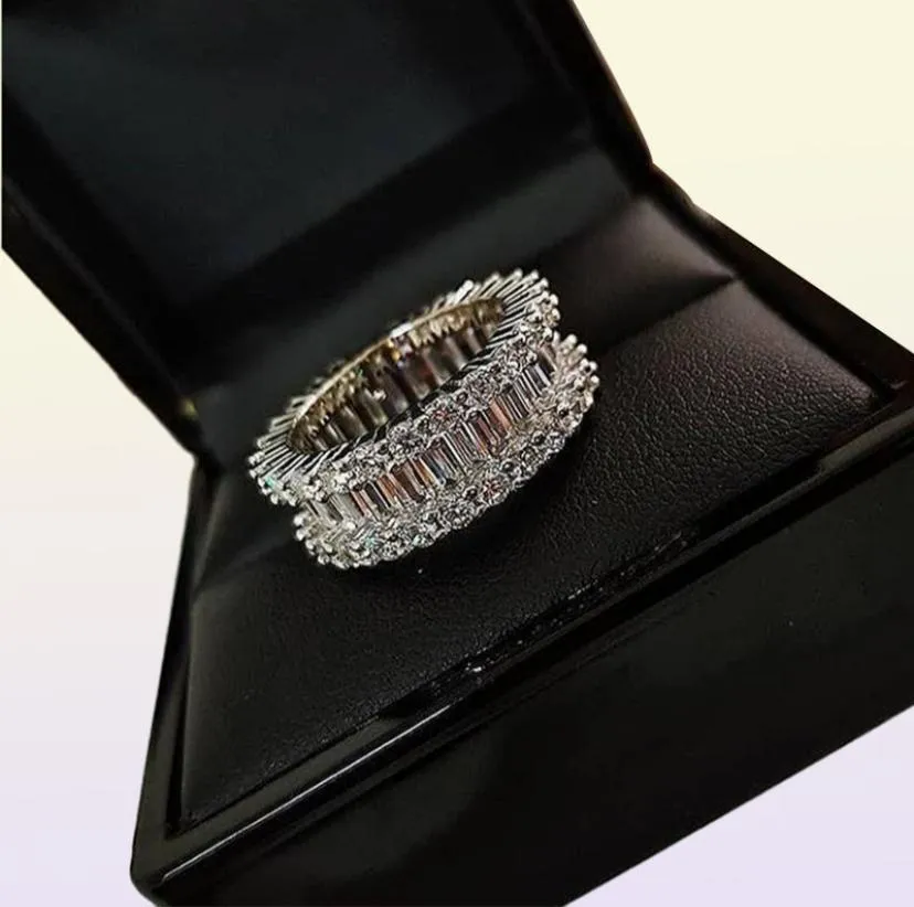 ユニークな2PCSカップルリングクラシックジュエリー6爪Real 925 Sterling Silver White Topaz Stack CZ Diamond Wedende Wedding Bridal Rin7066977